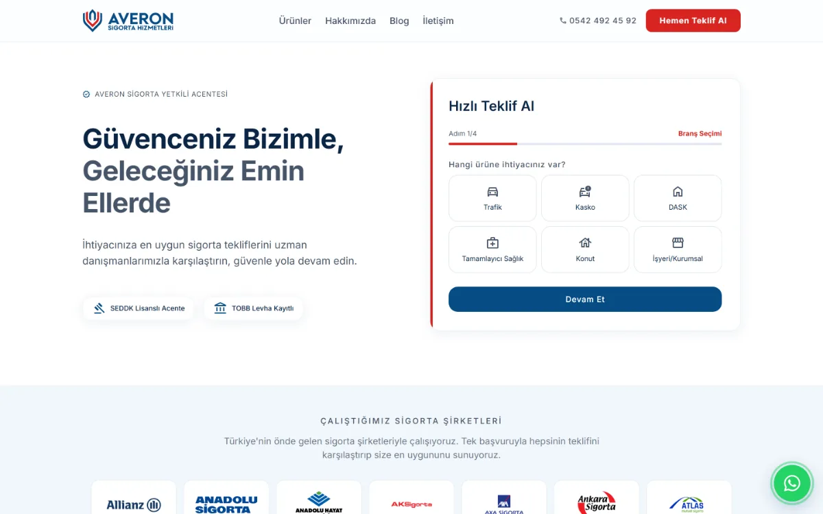 Averon Sigorta website home page