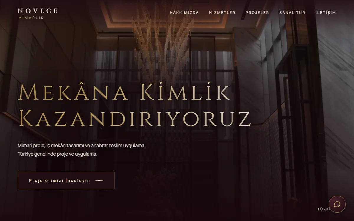 NOVECE Mimarlık konsept sitesinin ana sayfası, koyu zeminde altın başlıklı hero bölümü